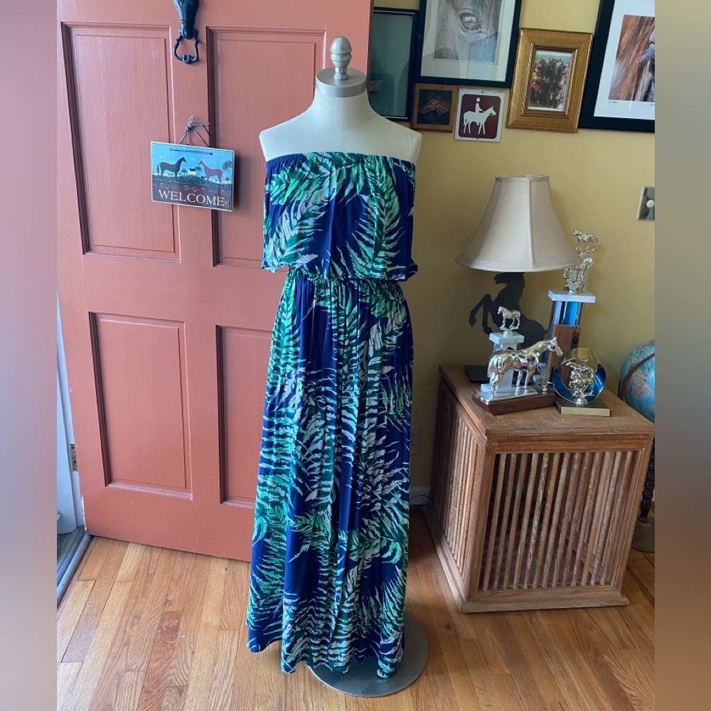 island jungle tropical floral print strapless maxi dress